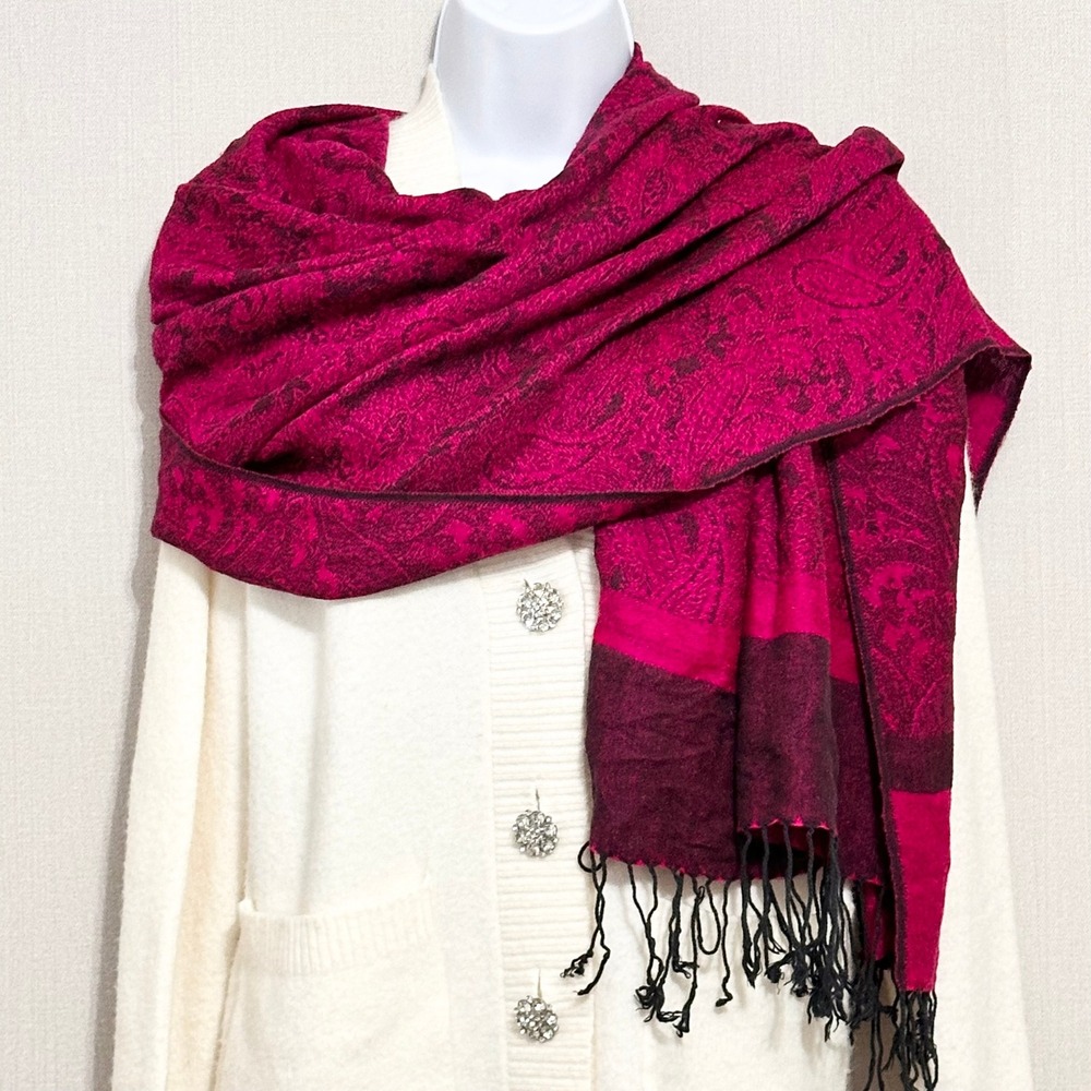 Pashmina Silk Blend Paisley Shawl Wrap Scarf Fuchsia Magenta Pink Fringe Trim